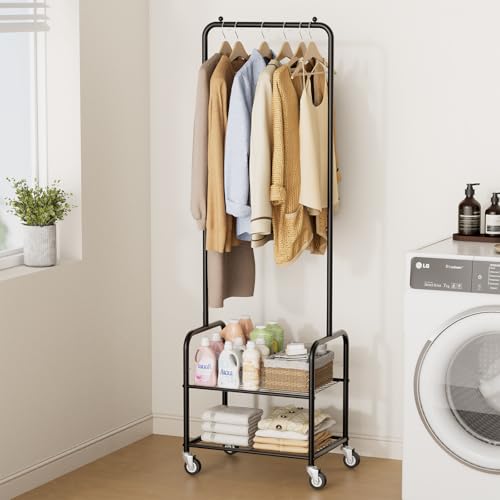 AOODA Small Black Rolling Clothes Rack with Shelves - 18.5" Portable Garment Rack