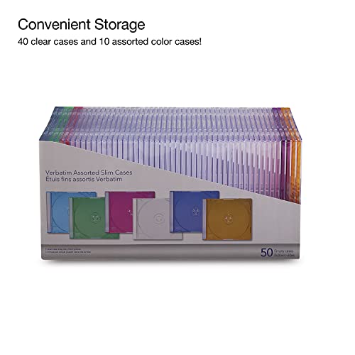 Verbatim 50-Pack Assorted Slim CD DVD Blu-ray Disc Cases - Clear & Colors