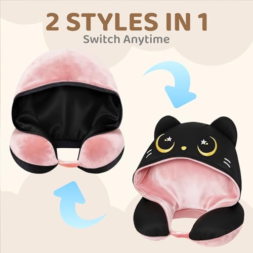Mewaii Pink Travel Neck Pillow with Hood - Memory Foam & Privacy Cover