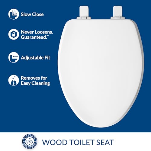 Bemis Elongated Modern Wood Toilet Seat Premium with Slow Close & Decorative Edge - Made in USA, White