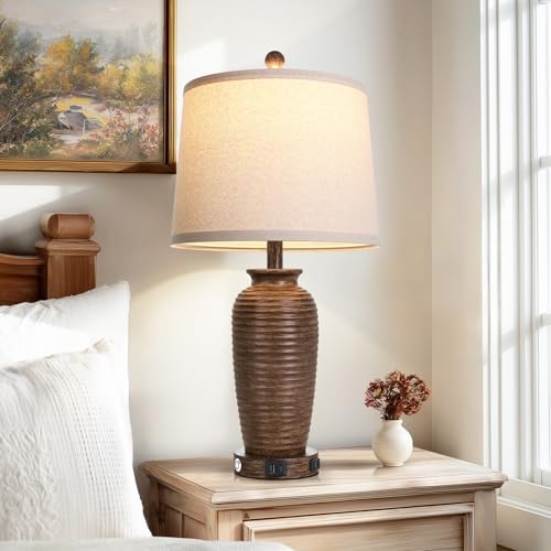 CINSARY 25-Inch Walnut Brown Farmhouse Jar Table Lamps Set of 2 with Touch Control & USB Ports