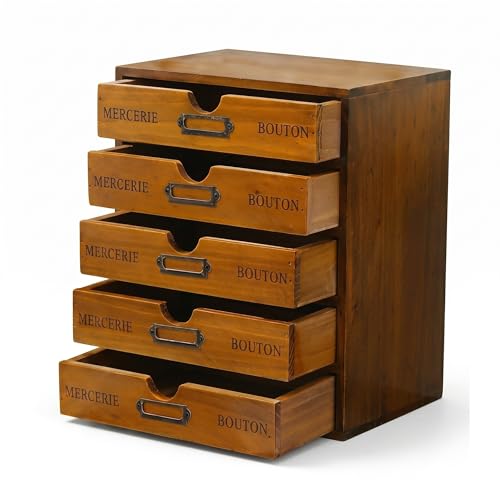 Vintage Wooden 5-Drawer Desk Organizer - Craft Storage & Rustic Shelf, Stackable