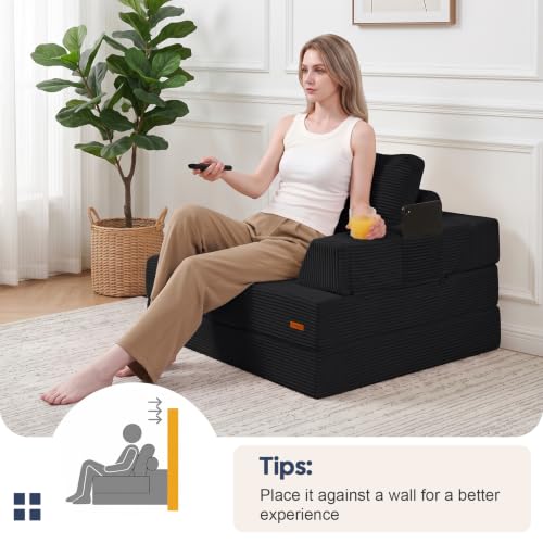 Black COMAX Folding Sofa Bed Chair - Single Floor Couch with Arm and Cup Holder