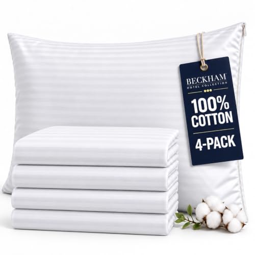 King Size Cotton Pillow Protectors Set of 4 - White, Micro-Zipper, Breathable