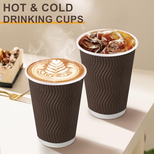 Clawsoff 12 oz Disposable Paper Coffee Cups - Brown, 100 Pack, Insulated, Hot & Cold Drinkware