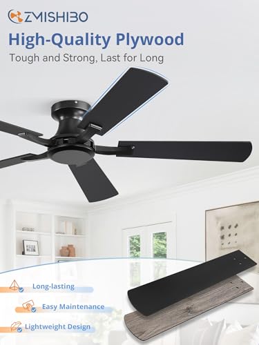 Black 52 Inch Ceiling Fan No Light Flush Mount Low Profile - Whisper-Quiet DC Motor