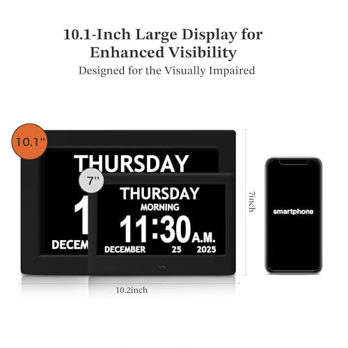 Flyruit 10.1'' Black Extra Large Digital Clock for Seniors & Dementia Care