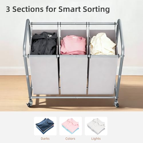 Laundry Sorter with 3 Removable Bags - Gray, 135L Capacity, Wheels