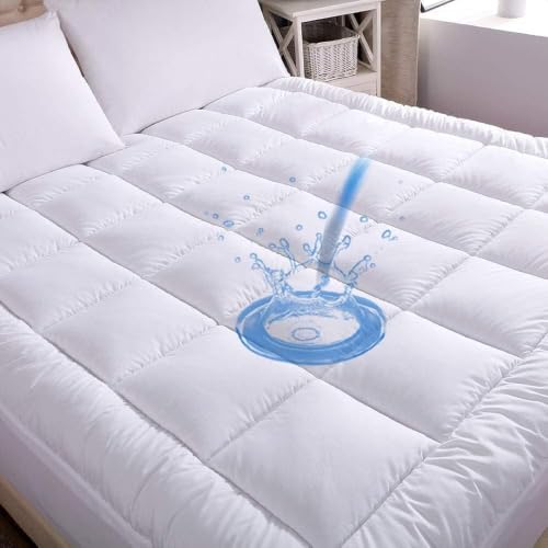 White Waterproof Queen Mattress Topper with Cotton Top & Quilted Fitted Cover - Non-Slip, Breathable, Noise-Free