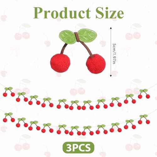 3 Pack Pom pom Felt Bunting Banner, Cherries Birthday Decoration, DIY Fruit Hanging Decorations, Home Decor Garland Decorations for Birthday Christmas Decor