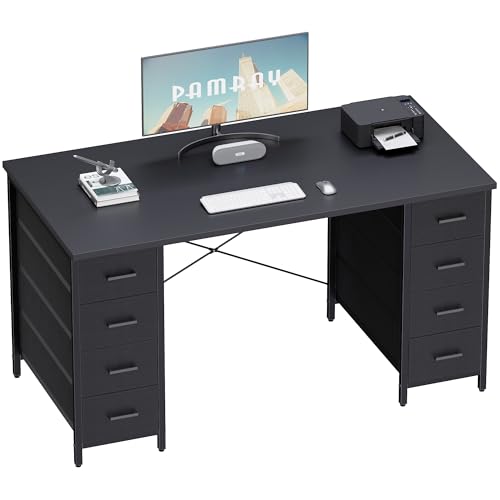 Pamray 47 Inch Computer Desk with 8 Fabric Drawers - Matte Black Home Office Workstation