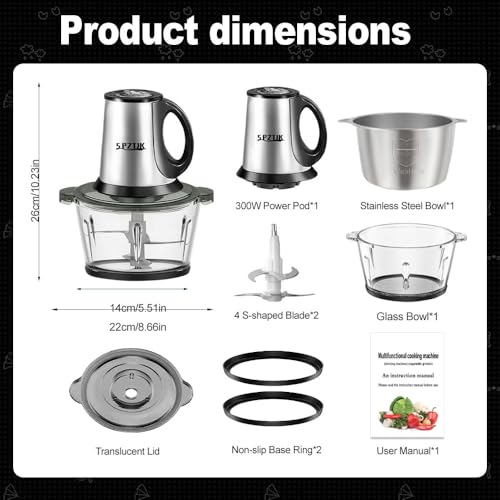Electric Food Processor with Dual 8-Cup Stainless Steel & Glass Bowls - 3-Speed, Quiet Kitchen Chopper & Grinder