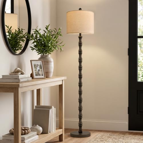 Dark Brown Farmhouse Floor Lamp with Linen Shade - 62 Inch Standing Light for Living Room & Bedroom - Rustic Corner Decor