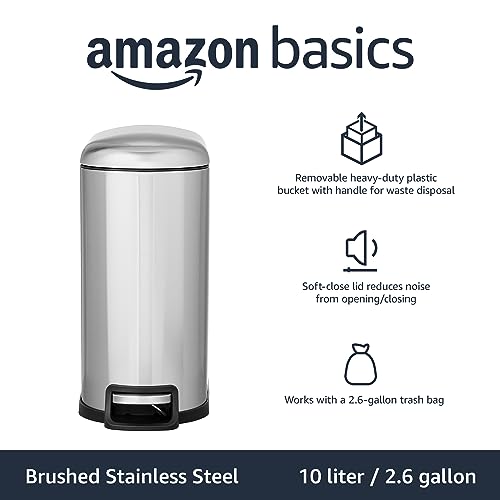 Small Trash Can with Soft-Close Pedal, Removable Inner Bucket, Silver - 2.6 Gallon Narrow