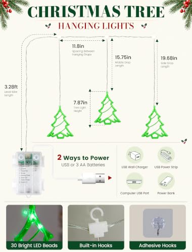 Hanging Window Lights, 30 LED Green Christmas Tree – Battery/USB Powered (Tree Theme) by Briteglotec