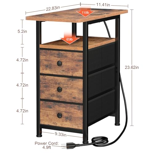 Narrow Side Table with Charging Station - Brown Power Style, Small End Table