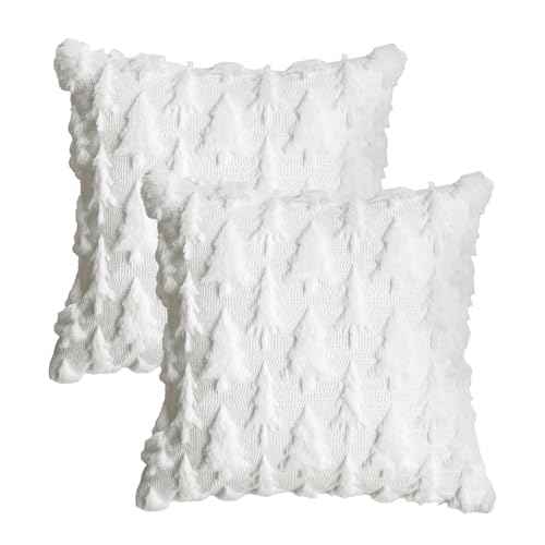 AVOIN colorlife Christmas Trees White Throw Pillow Covers Set of 2, 18 x 18 Inch Soft Plush Faux Fur Jacquard Festivals Winter Bedroom Cushion Case Decoration for Sofa Couch