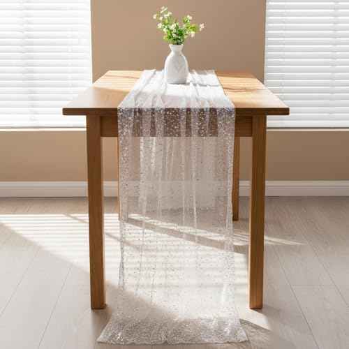 TIESOME 10 Ft Silver Table Runner, Sheer Chiffon Tulle Cheesecloth Silver Sequin Glitter Metallic Foil Party Table Decorations Centerpiece for Wedding Birthday Christmas Bridal