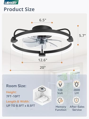 20-Inch Ceiling Fan with Lights and Remote Control - Black, Low Profile, Dimmable LED Light, Reversible Motor