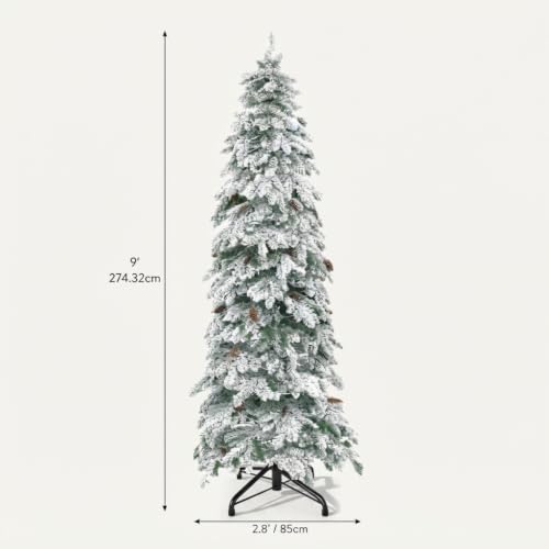 DWVO 9FT Prelit Flocked Pencil Spruce Christmas Tree with LED Lights - Slim & Full Decor