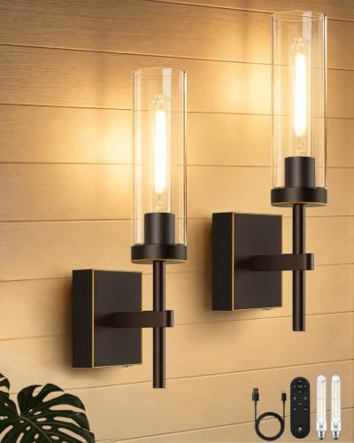 Rechargeable Oil-Rubbed Bronze & Clear Glass Wall Sconces Set of 2 with Remote Control