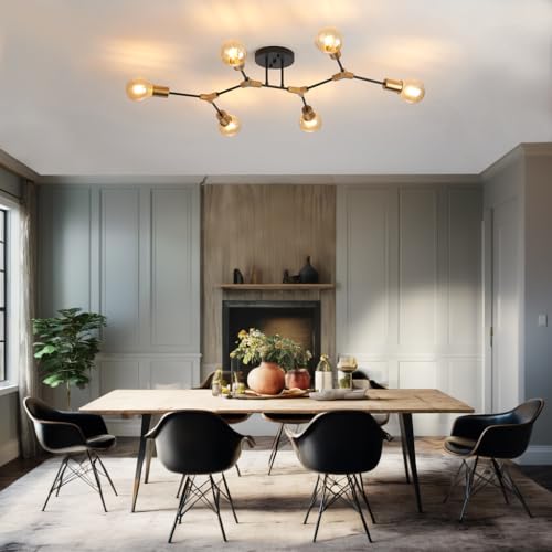 Gold and Black Sputnik Semi Flush Ceiling Light Fixture - 6 Light Variation
