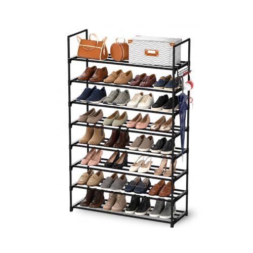 8-Tier Metal Shoe Rack with Hooks - Black, Multi-Use Closet Organizer