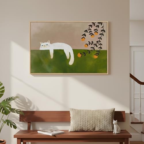 Large Framed Cat Wall Art - Green Neutral Canvas Bedroom Decor 36x24 Inch - Orange Variation