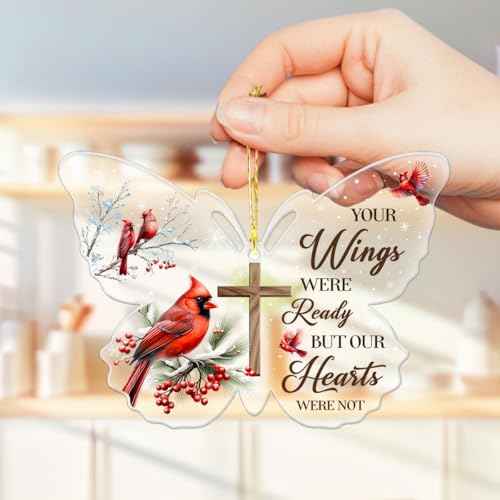 Memorial Gifts, Acrylic Ornaments, Loving Memory Cardinal Cross, Snow Hanging Decorations Gift Cross Christmas Tree Holly with Berries Mirror Car with Ribbon Cardinal Bird