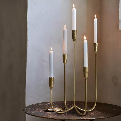 Antique Brass 5-Arm Candle Holder - 15 Inch Cast Iron Candelabra for Weddings & Home Decor