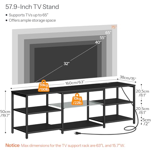 63-Inch Black LED TV Stand with Charging Station for 75 Inch TVs, Gaming Entertainment Center