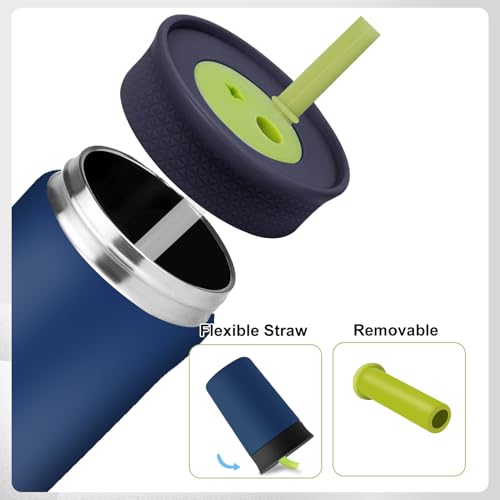 PHULWEL 2 Pack Replacement Lids for Owala Kids Insulation Tumbler 12oz & 15oz, Spill Resistant Cap with 4 Flexible Straws, BPA-Free, Dishwasher Safe, Accessories for Owala Kids Bottle(Blue)