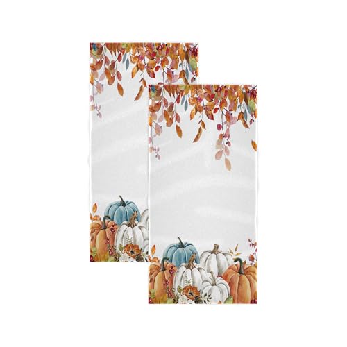 Fall Pumpkin Hand Towels Set of 2, Autumn Maple Leaves Boho Floral Thanksgiving Harvest Soft Absorbent Small Bath Towel Kitchen Dish Guest Towel for Bathroom Hotel Gym Spa