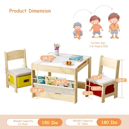 Kids Wooden Activity Table and 2 Chairs Set - Adjustable Doodle Surface, Storage, Safety Hinges, Burlywood, Red/Yellow