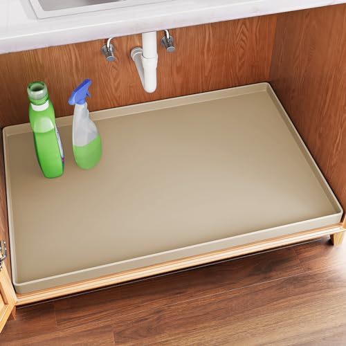 FLATO Waterproof Under Sink Mat Beige 34 x 22 inches - Kitchen & Bathroom Protector