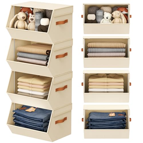 Beige Stackable Closet Organizers and Storage Bins - 4 Pack, 11.4 x 12.6 x 9.8 Inches