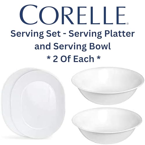 Corelle Winter Frost White Serving Platter & 2-Quart Bowl Set – 2-Pack with Variation Platter & 2 Qt