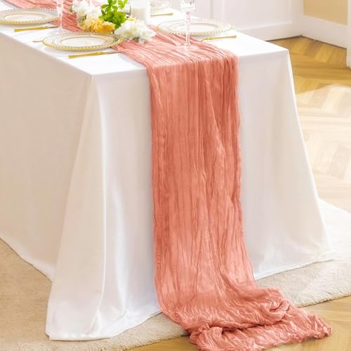 Coral Peach Pink Spring Summer Cheesecloth Table Runner Boho Rustic Gauze 120 inch 10FT Cheese Cloth Runner for Wedding Party Baby Shower Birthday Home Decor Holiday Decorations