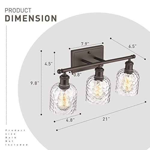 Farmhouse Vanity Light Fixture - 3-Light Oil Rubbed Bronze with Hammered Glass Shades, 21-inch Bathroom Wall Sconce - Up/Down Mounting