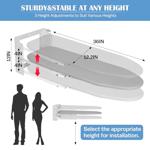 Vrietina Wall Mounted Ironing Board with Height Adjustment, Foldable, 36x12 Inch, Gary / Without Iron Holder