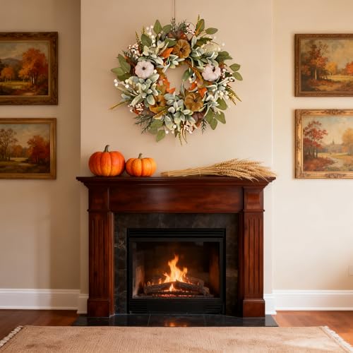22-Inch Fall Wreath with Artificial Eucalyptus and Velvet Pumpkins - Farmhouse Holiday Door Decor