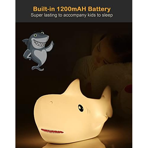 Shark USB Rechargeable Silicone LED Night Light for Kids, Multicolor Cute Nursery Light with Warm White and 7-Color Breathing Mode for Kids Baby Children Bedrooms