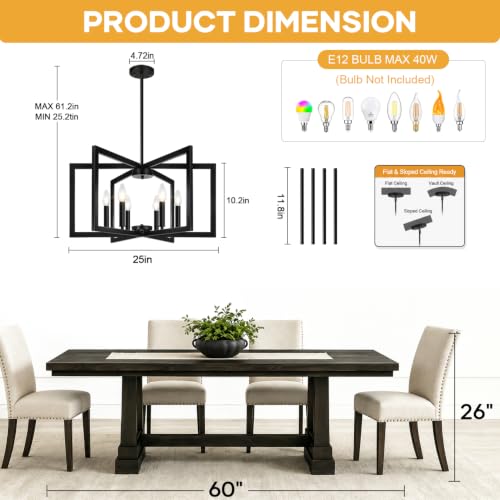 Matte Black 6-Light Adjustable Chandelier for Dining Room & Kitchen Island - No Assembly Needed