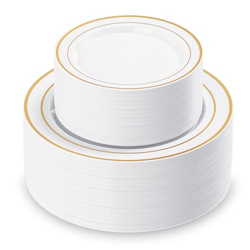White Disposable Plates with Gold Rim - 200 Pack, Elegant Party Tableware