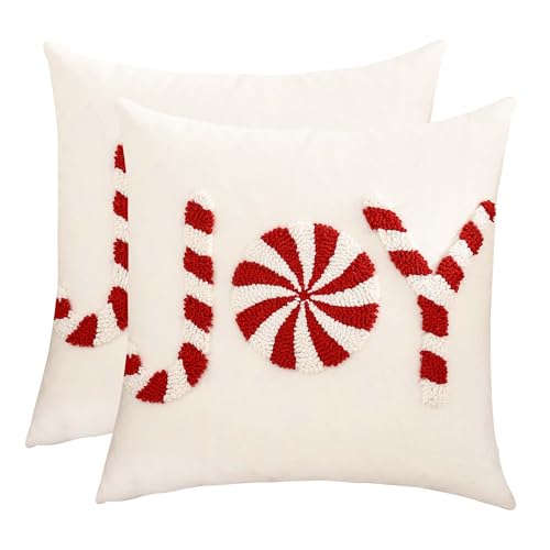 Tosleo Christmas Joy 18x18 Inch Set of 2 Red Xmas Throw Pillow Covers - Holiday Home Decor