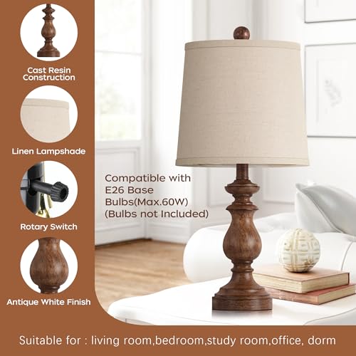 PARTPHONER Rustic Farmhouse Wood Grain Table Lamp Set of 2 - 22 Inch Linen Shade Nightstand Lamps for Living Room & Bedroom