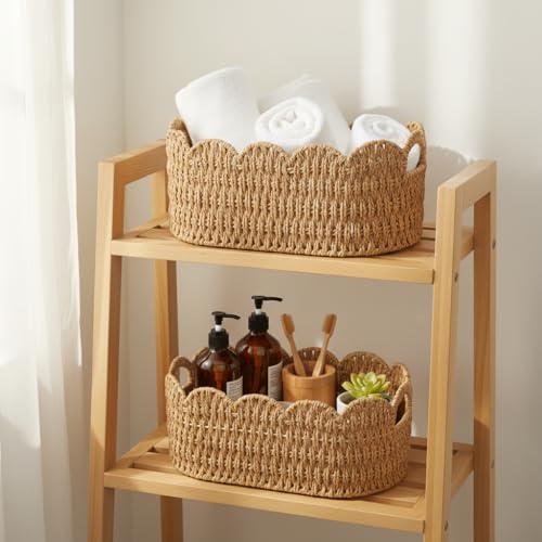 Natural Paper Rope Scalloped Basket Set of 2 - Wicker Storage Baskets for Shelves, Toys, Gifts & Decor