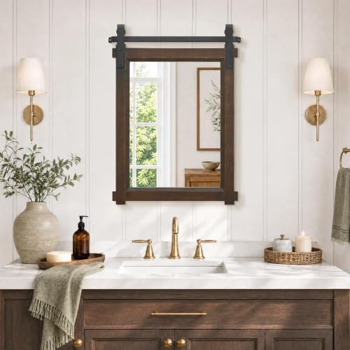 Besdomus Rustic Barn Door Bathroom Mirror 22x30 inch, Dark Brown, Ready to Hang