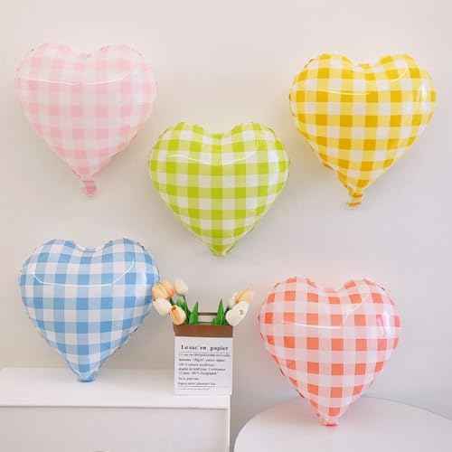 10 Pcs Red Pink Heart Grid Balloons 18 Inch Blue Green Yellow Checkered Foil Heart Balloons Helium Mylar Balloons for Girls Women Valentines Day Birthday Wedding Baby Shower Bridal Party Decorations