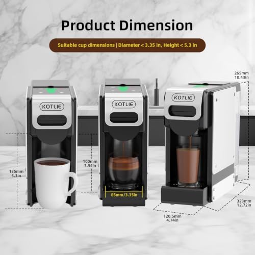 KOTLIE Black Single Serve Coffee Maker for K-Cup & Grounds, 34oz Reservoir, 7 Water Flow Settings, Perfect for Home, Office & RV